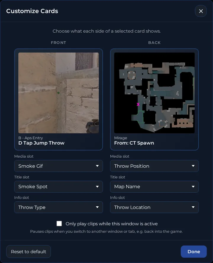 The Customize Cards window with front and back settings